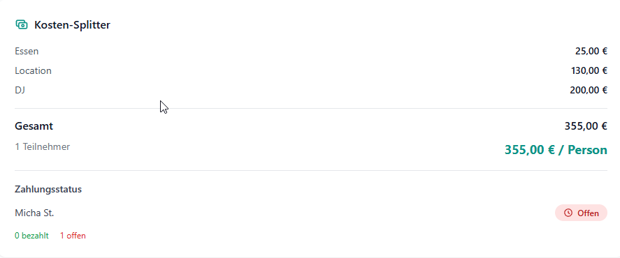 Kostenteilung Screenshot